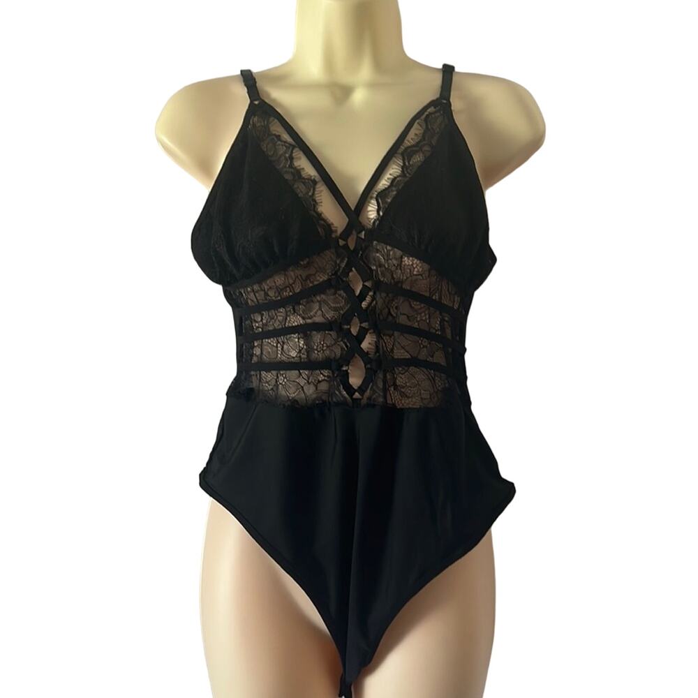 Black Lace Teddy Lingerie Bodysuit Woman Size XL Sexy Strappy - Picture 2 of 11